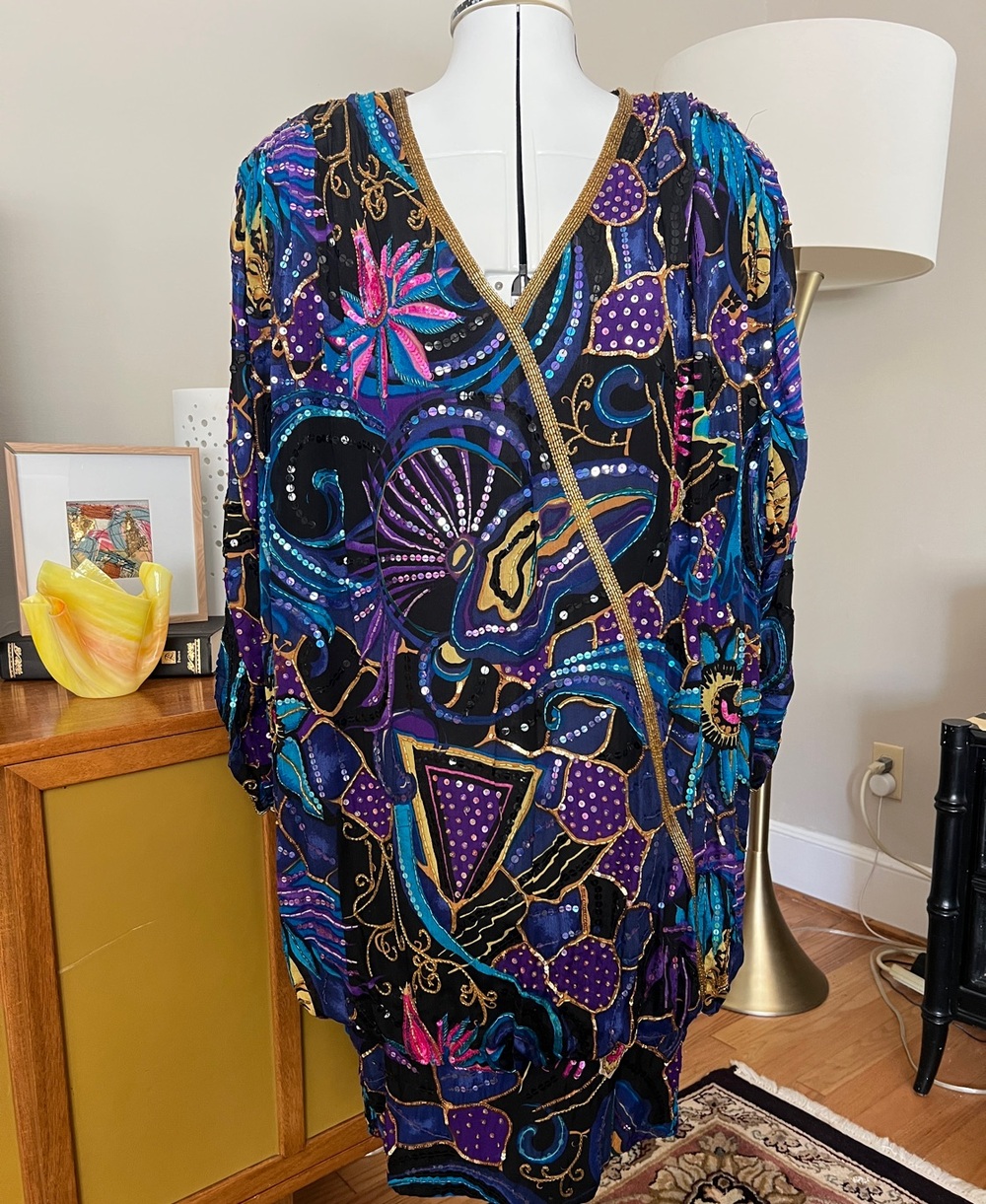 Vintage 80s Lillie Rubin Silk Sequin Beaded Cocktail Dress